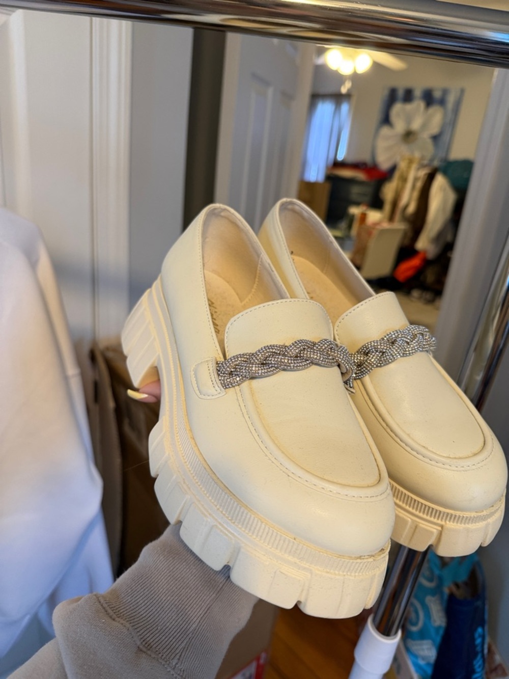 Liliana Cream Platform Loafers with Braided Metallic Chain